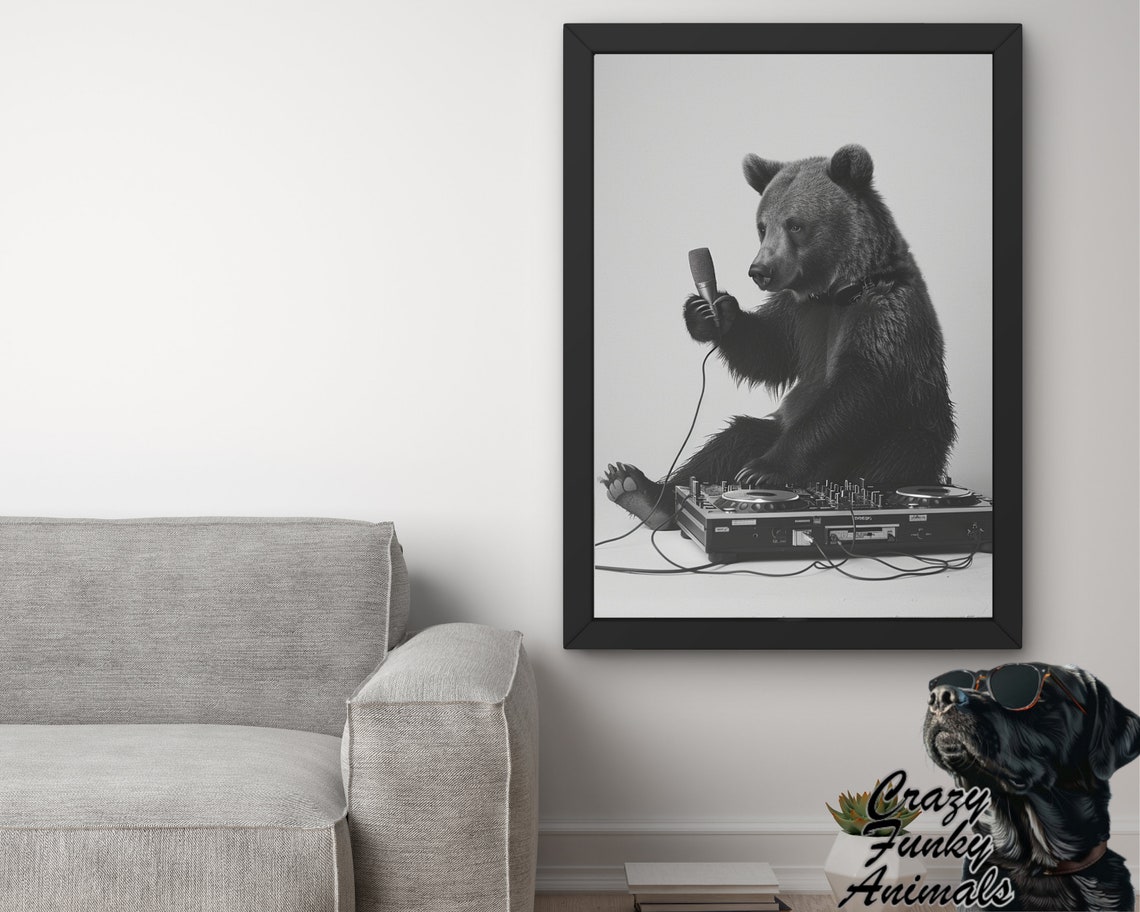 Bear DJ With a Microphone at the Turntable Funny Music Poster - Image 2