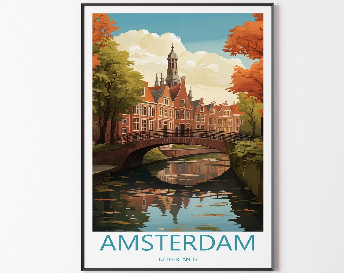 Amsterdam Netherlands Canal Poster with Bridge and Autumn Trees