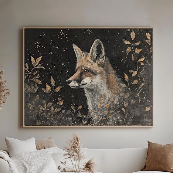 Curious Fox Folk Art Print Nature Illustration Witchy Celestial Southwestern Cottagecore Dark Moody Colours Moonlit Adorable Fox Love