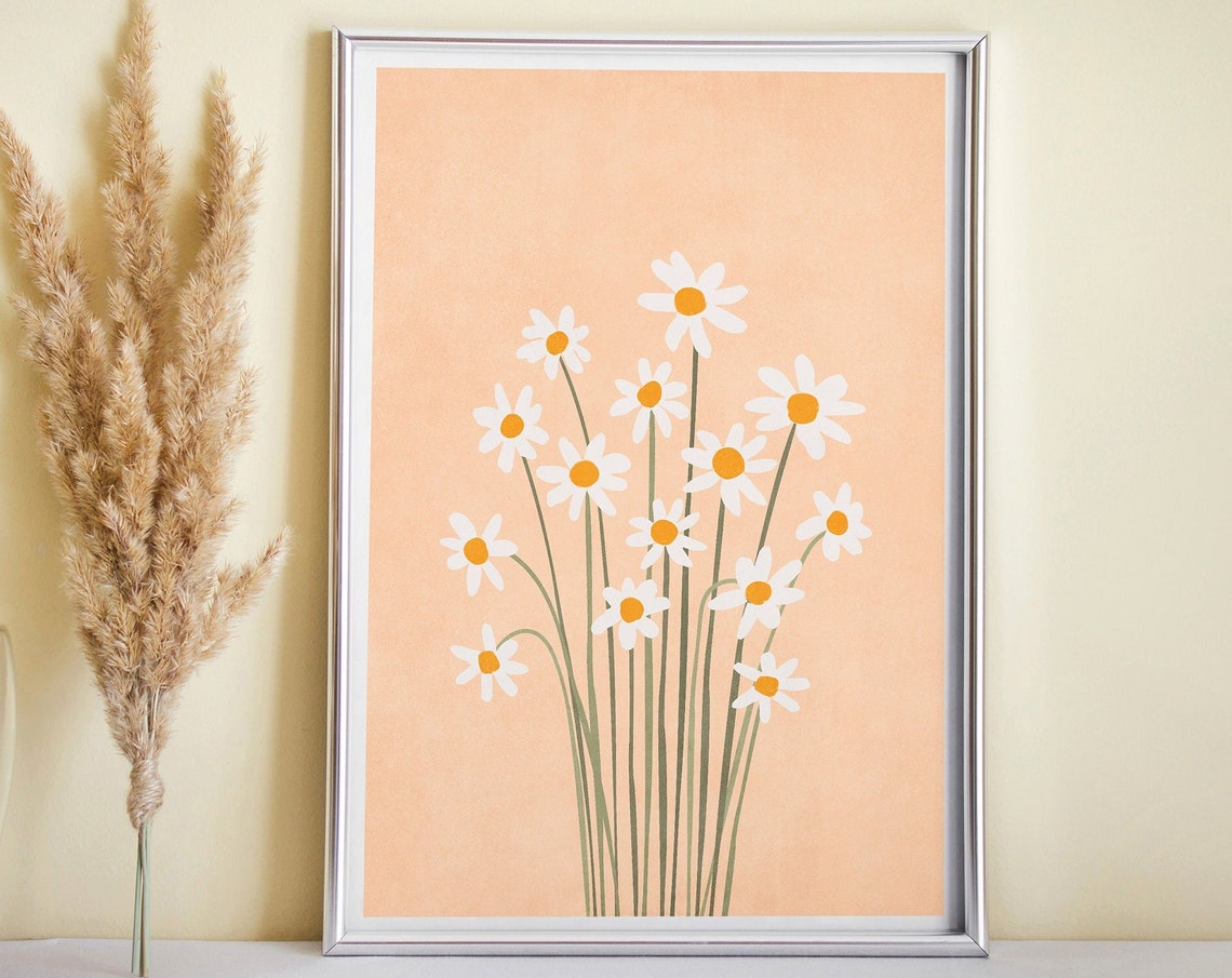 Minimalist White Daisy Bouquet on a Warm Beige Botanical Print