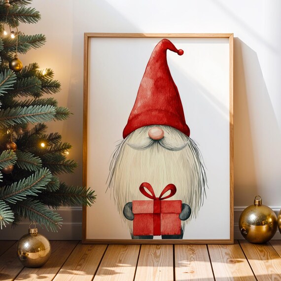 Christmas Gnome Holding Red Gift Cute Watercolor Holiday Wall Art