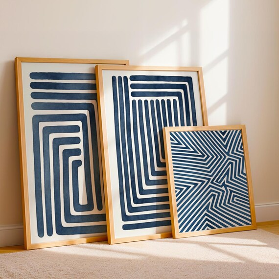 Navy Blue Abstract Line Art Prints Modern Geometric Decor