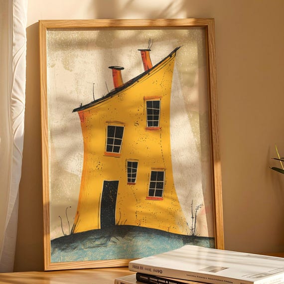 Naive Art House Print Whimsical Yellow Cottage Rustic Folk Illustration Quirky Wall Decor Eclectic Home