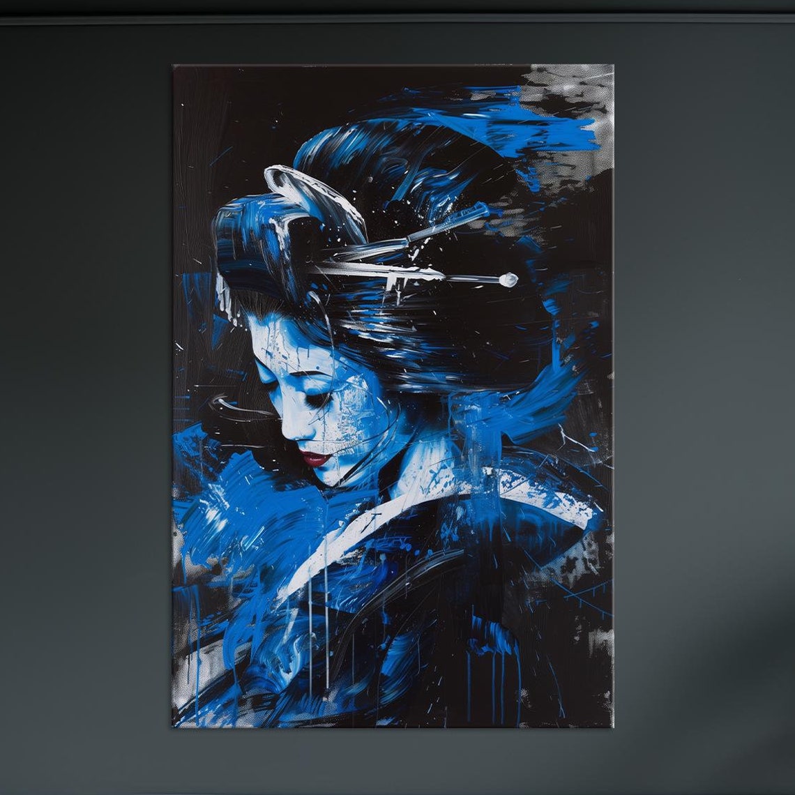 Geisha Elegance Print Geisha Portrait Woman Blue Black Print Japanese Living Room Art Asian Print Extra Large Wall Art