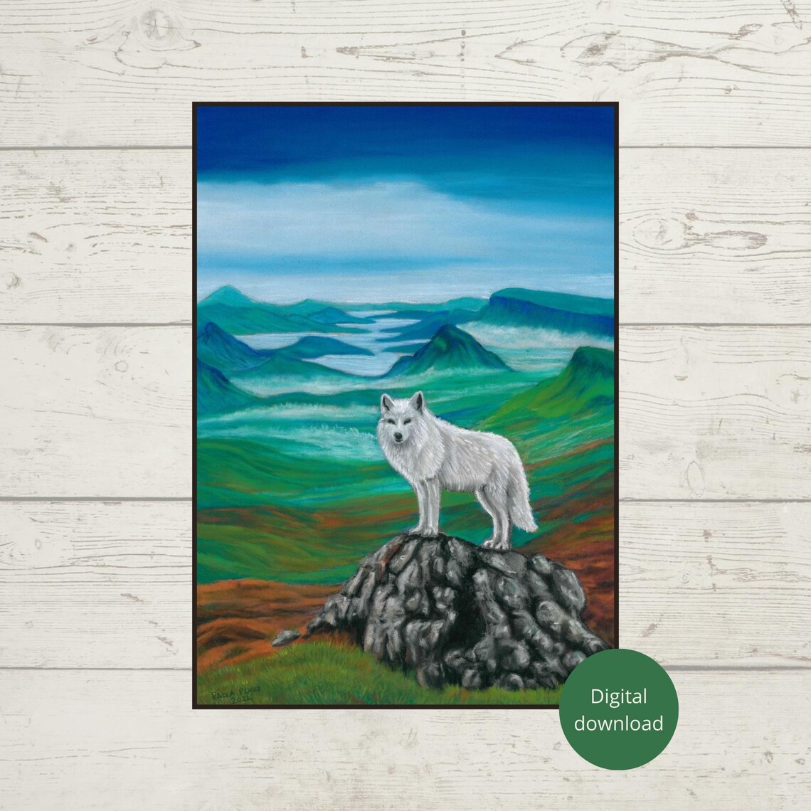 Scottish Highlands Wolf, Foggy Landscape Art Print