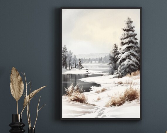 Snowy River Bank with Pine Trees Peaceful Winter Landscape Painting Poster