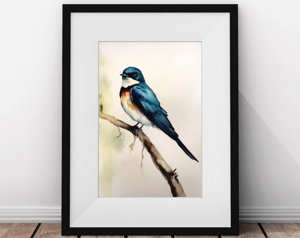 Blue Swallow Watercolor Painting Perched On Branch Bird Art Print - Image 4