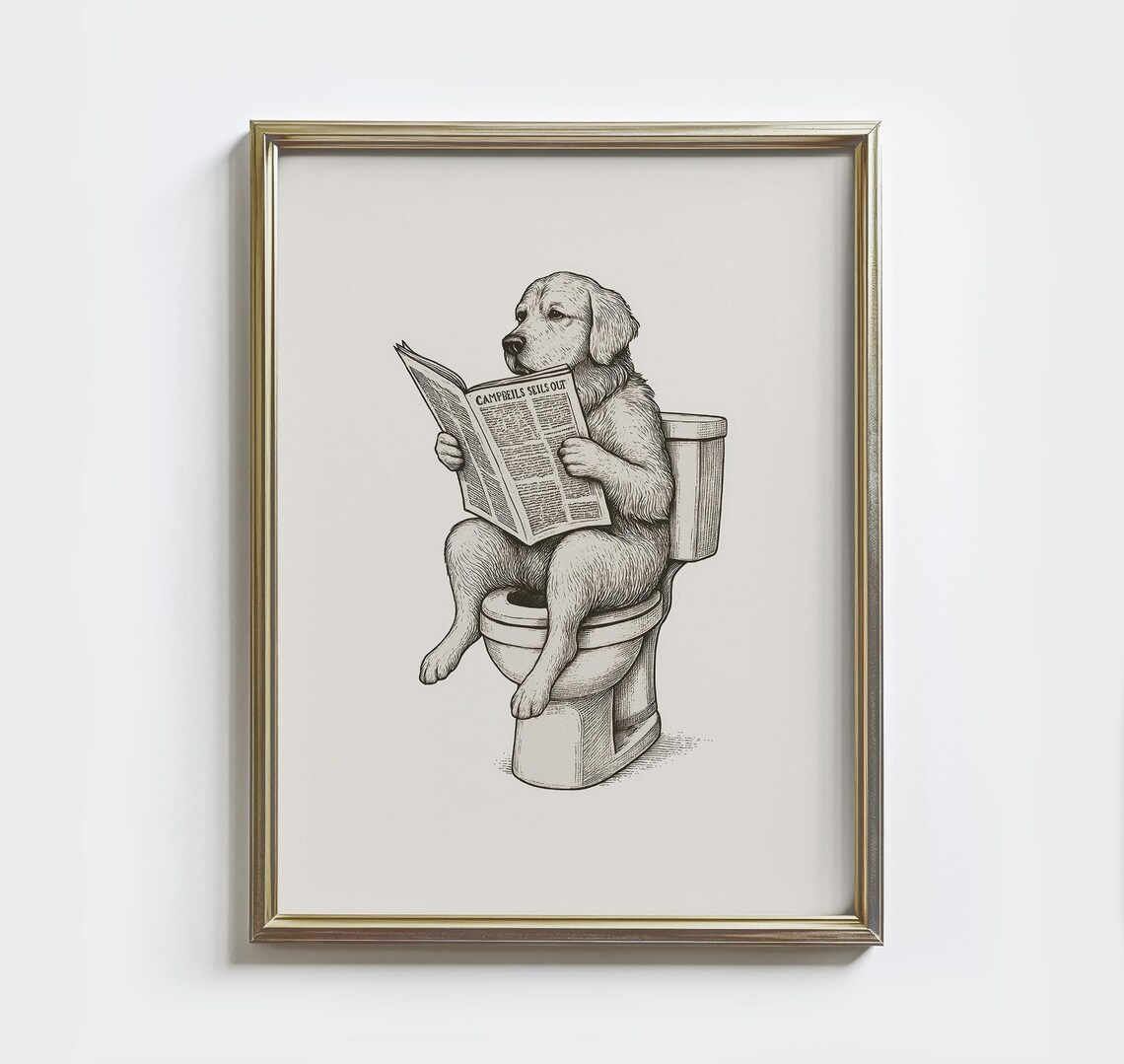 Golden Retriever On Toilet Reading Newspaper Funny Dog Poster