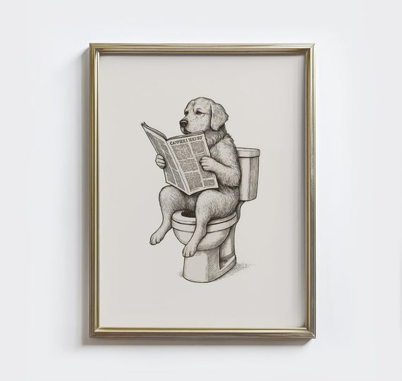 Funny Golden Retriever Bathroom Print Vintage Dog On Toilet