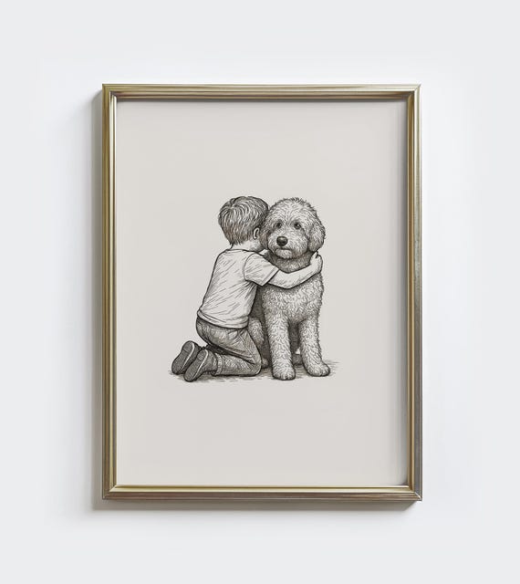 Goldendoodle And Boy Vintage Sketch Print Doodle Dog Drawing Art Nursery Wall Decor