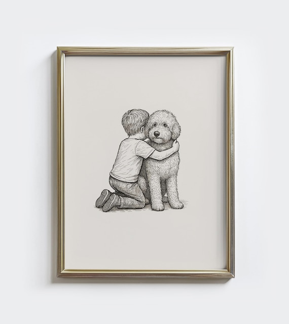 Little Boy Hugging Doodle Dog Sweet Vintage Sketch Kids Room Poster
