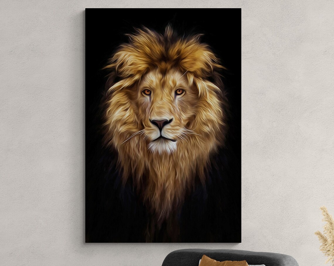 Golden Lion Head Portrait On Black Background Wildlife Art Poster - Image 3