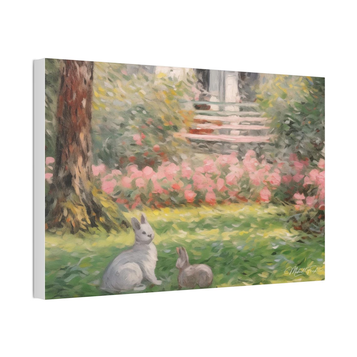 Two Rabbits Relaxing In A Flower Garden By A Cottage Wall Art - Image 4