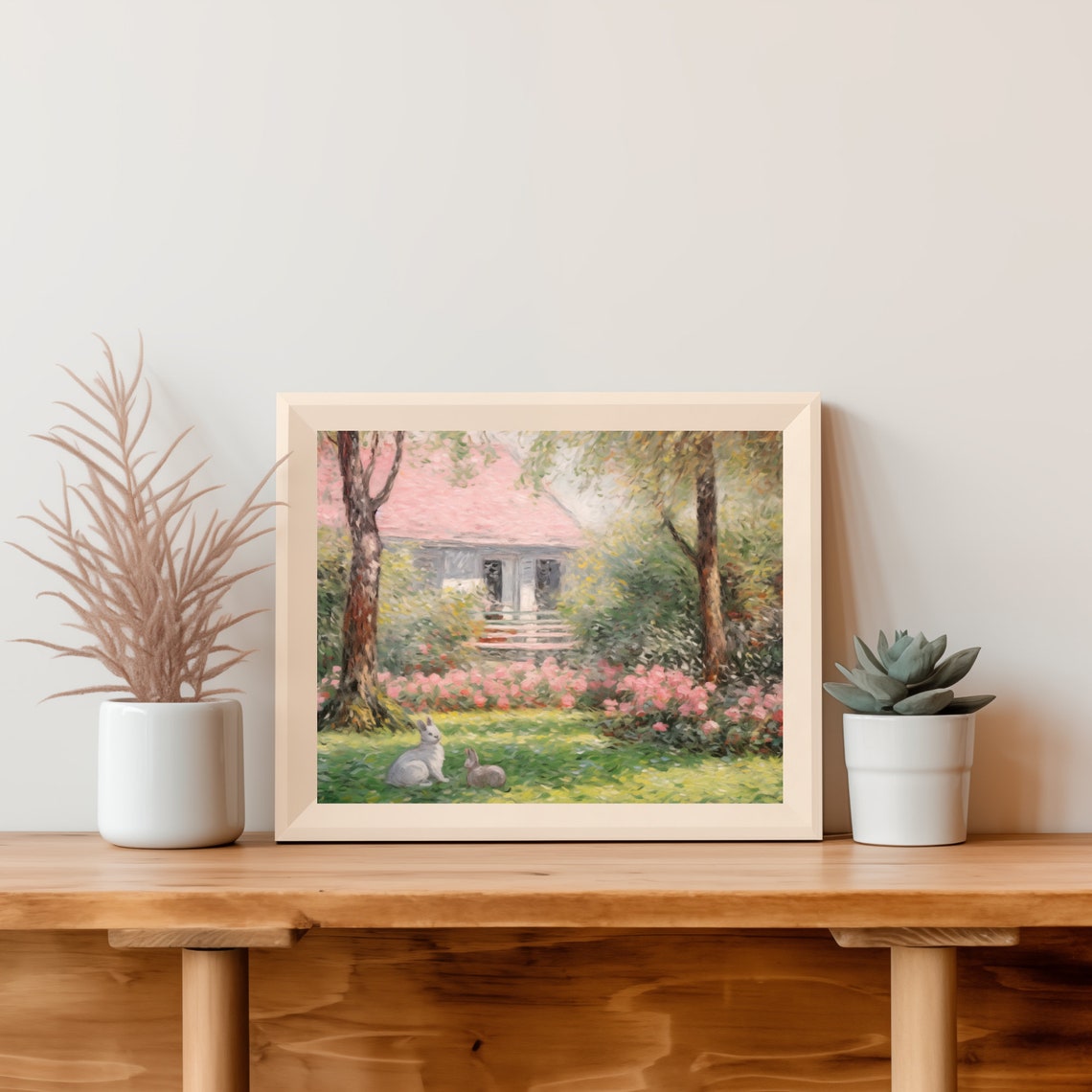 Two Rabbits In A Spring Backyard With Pink Blossom Bushes Poster - Image 4