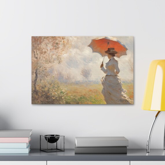Lady With Red Parasol Walking Through Meadow Classic Art Poster