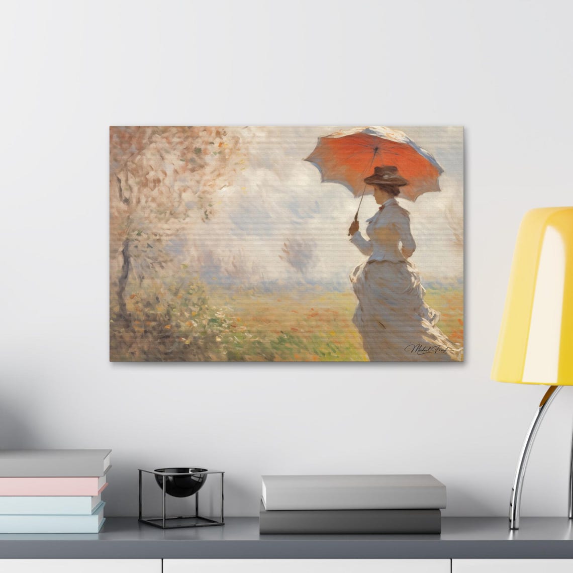 Lady With Red Parasol Walking Through Meadow Classic Art Poster