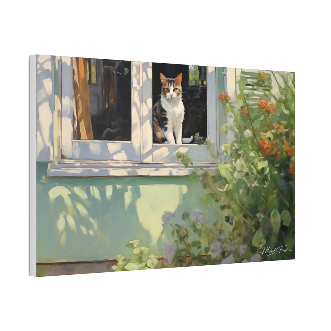 Sunlit Tabby Cat Sitting in Cottage Window Flower Art Poster - Image 5