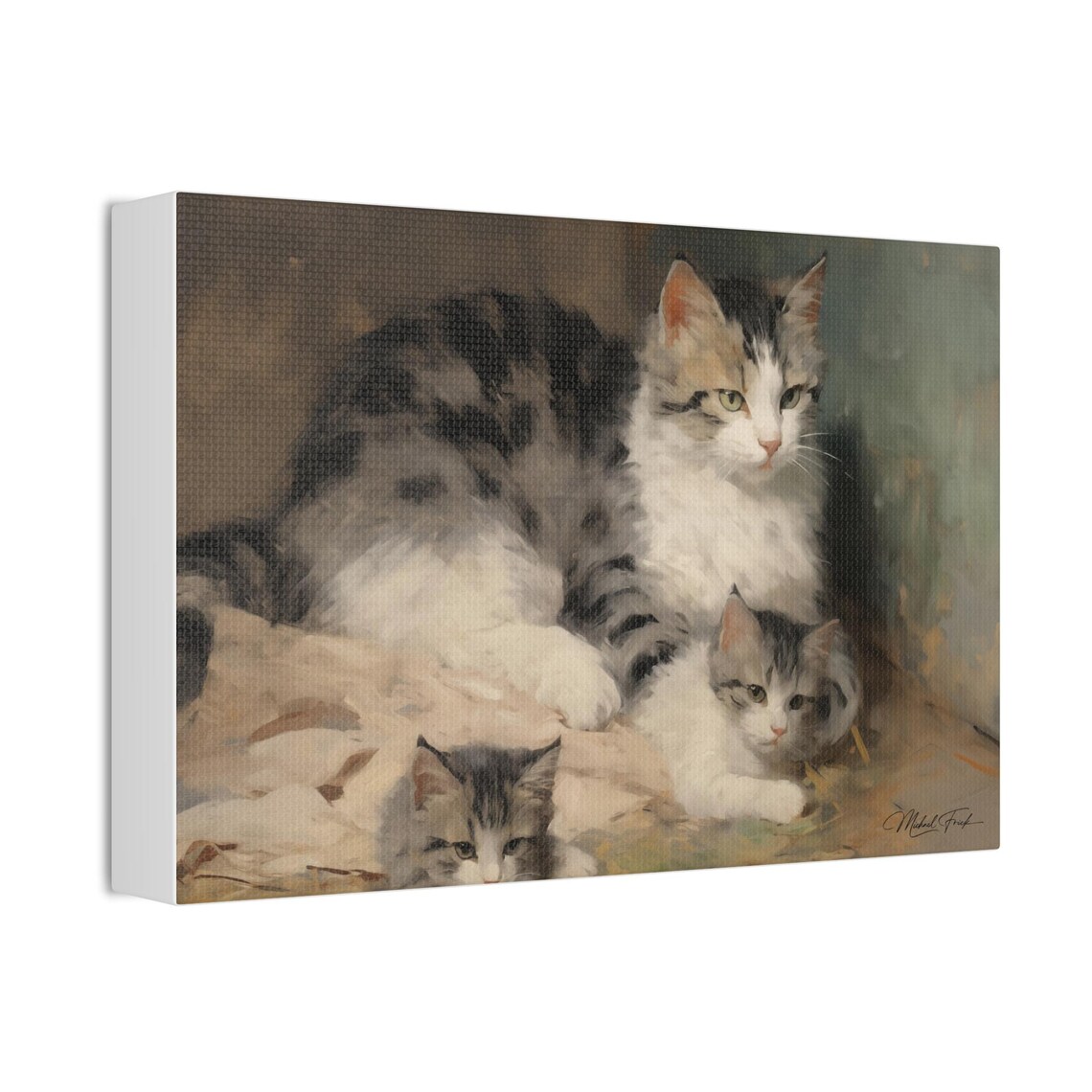 Mother Tabby Cat and Kittens Vintage Oil Painting Style Poster - Image 3