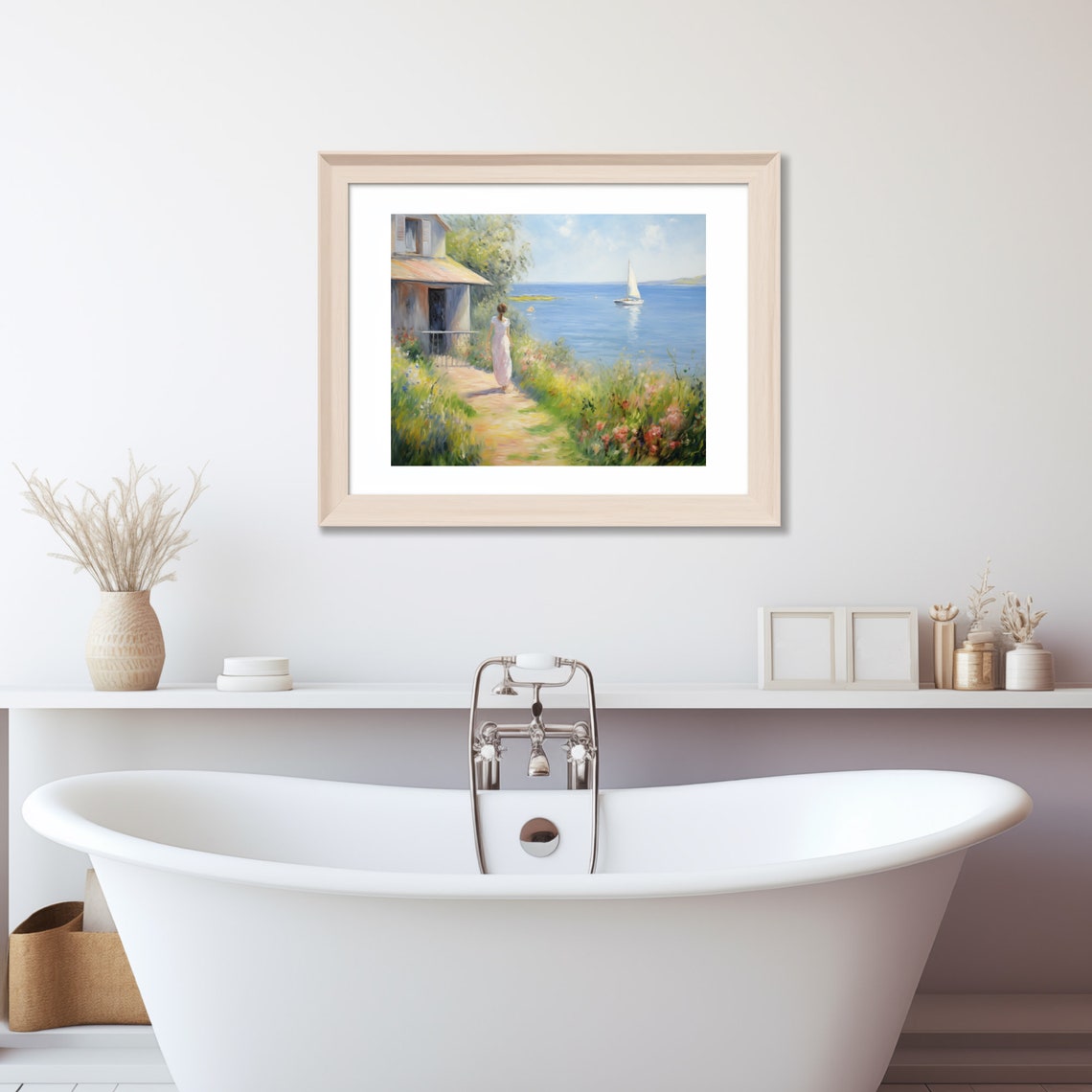 Woman Looking At Lake With Sailboat On A Sunny Summer Day Vintage Inspired Landscape Print - Image 4