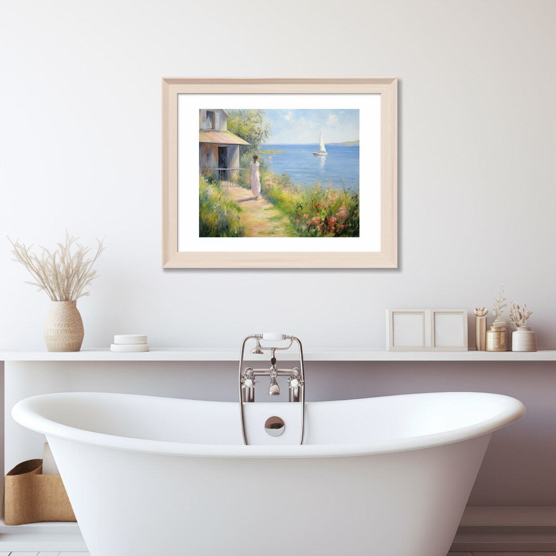 Woman Walking To The Sea Past A Flowered Coastal Cottage Poster - Image 4