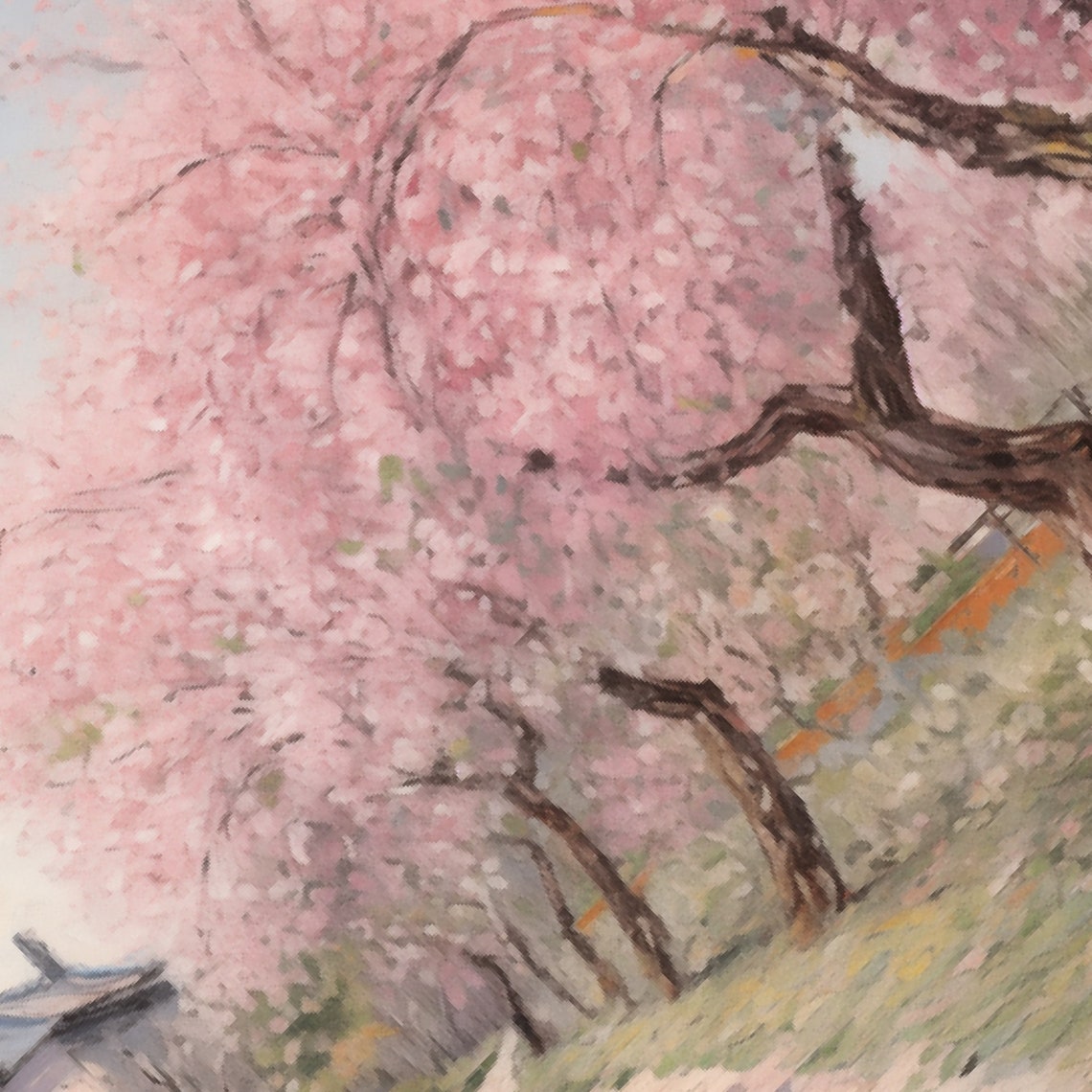 Beautiful Sunny Spring Day With Trees Lining A Path Behind Houses Vintage Inspired Landscape Print - Image 5