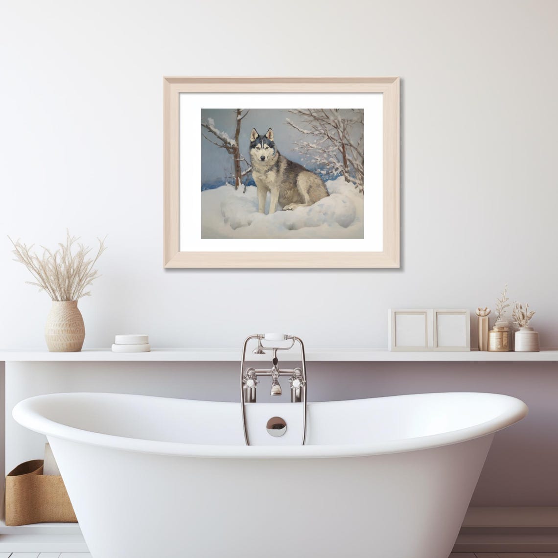 Siberian Husky Standing In Snow Among Birch Trees Art Poster - Image 3