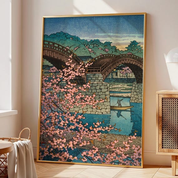 Vintage Japanese Print Spring Evening At Kintai Bridge By Kawase Hasui Cherry Blossoms Painting Living Room Large Wall Art Ukiyoe