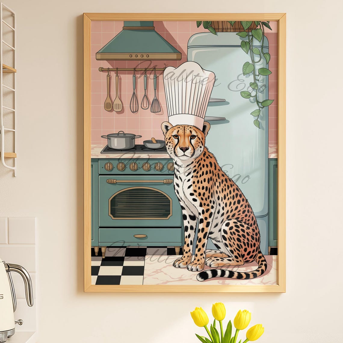 Cheetah Chef Funny Animal Kitchen Poster Retro Big Cat Cooking Decor