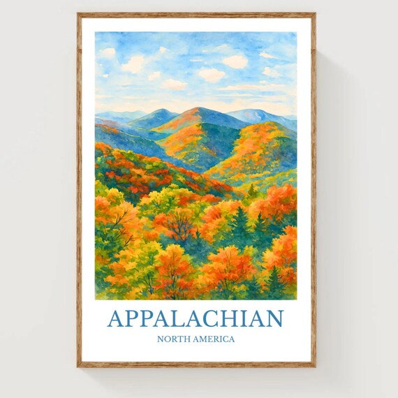 Appalachian Mountains Autumn Colors Watercolor Scenic Travel Poster