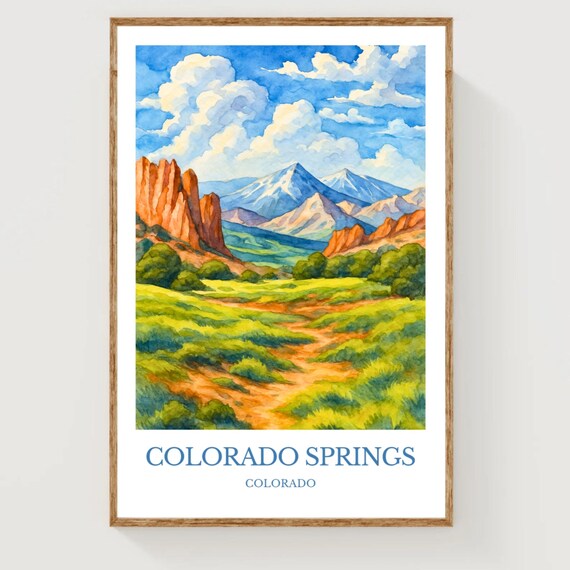 Colorado Springs Red Rocks Snowy Peaks Watercolor Travel Poster