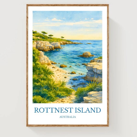 Rottnest Island Australia Rocky Cove Watercolor Travel Poster