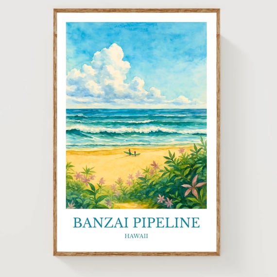 Banzai Pipeline Hawaii Surf Beach Waves Watercolor Travel Poster