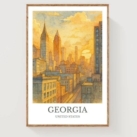 Georgia United States Sunset City Skyline Watercolor Travel Poster