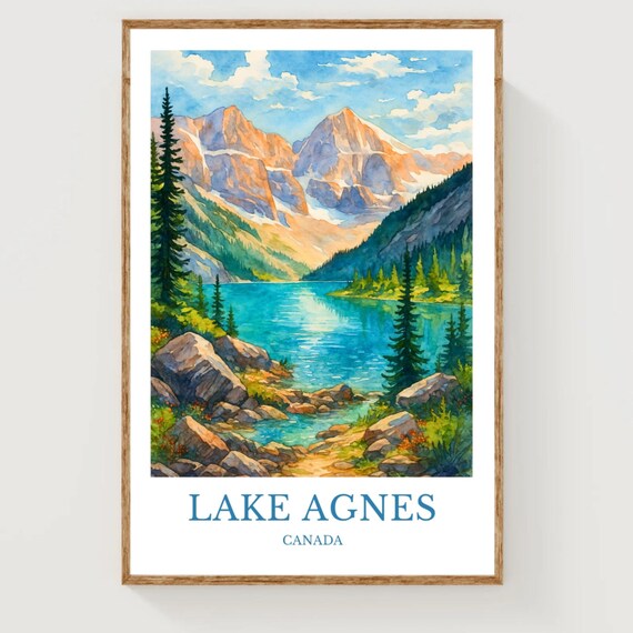 Lake Agnes Canada Turquoise Alpine Lake Watercolor Travel Poster