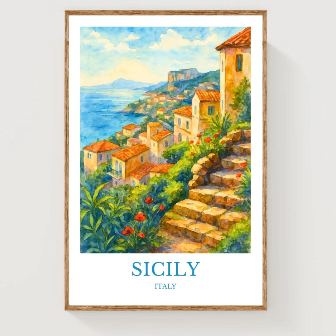 Sicily Italy Watercolor Travel Poster Seaside Village With Red Poppies