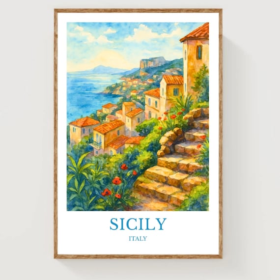 Sicily Italy Watercolor Travel Poster Seaside Village With Red Poppies