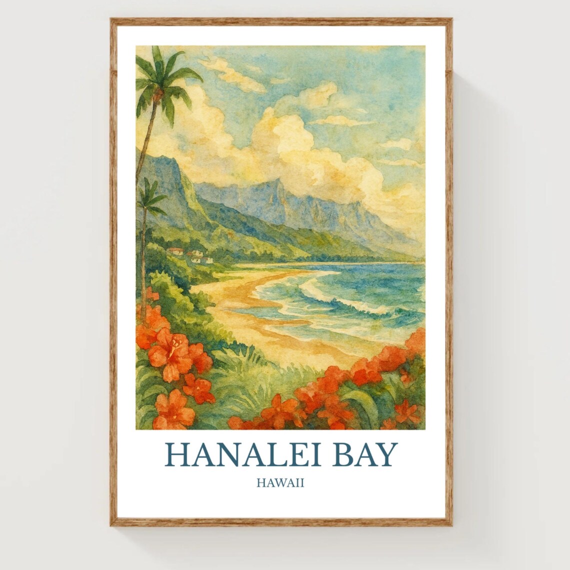 Hanalei Bay Watercolor Travel Poster, Hawaii Print