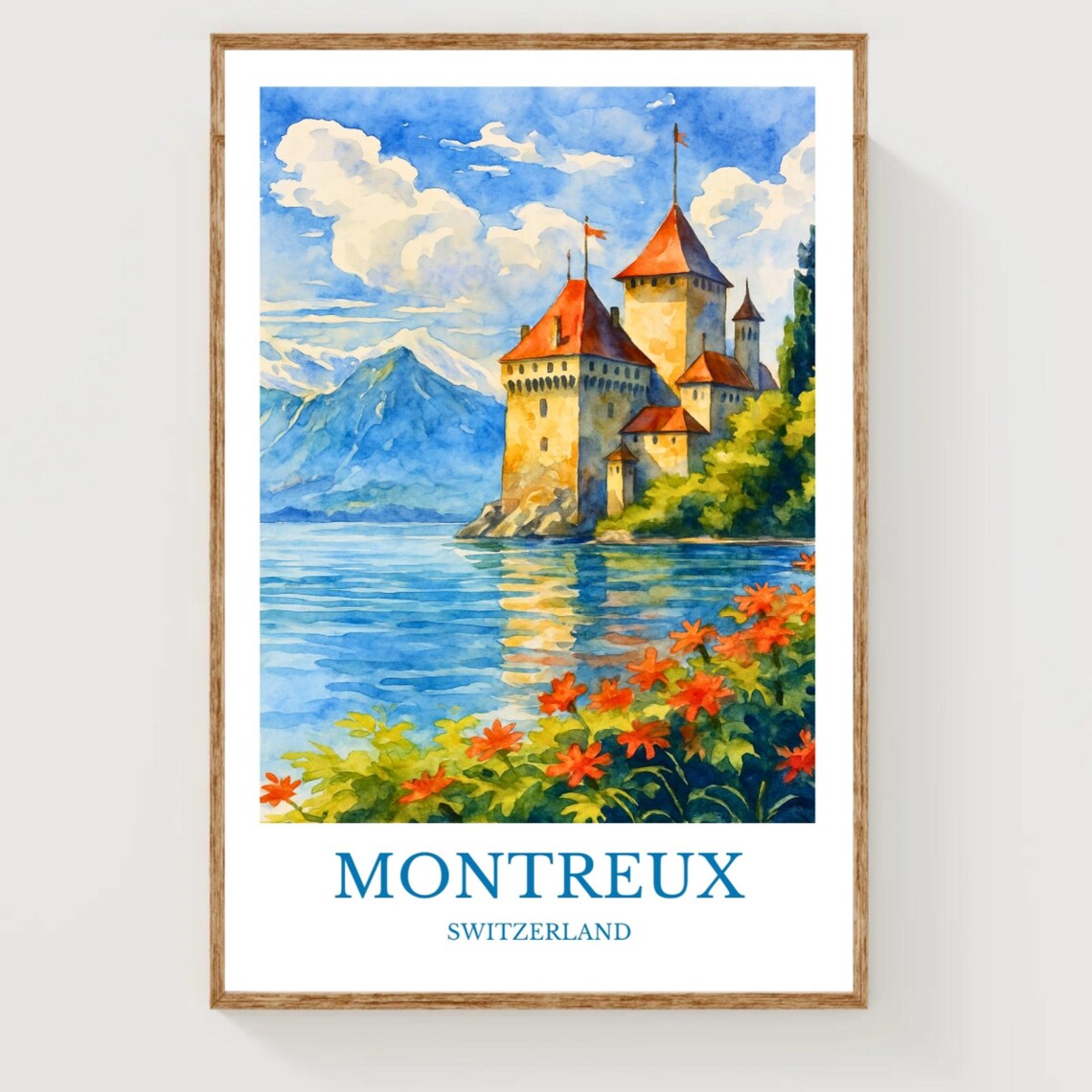 Montreux Switzerland Watercolor Lakeside Castle Alps Travel Poster