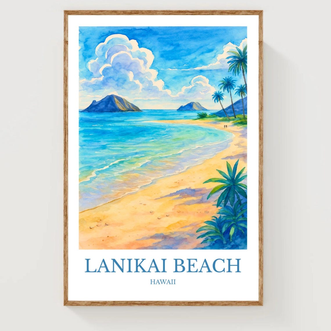 Lanikai Beach Hawaii Watercolor Poster Tropical Ocean Travel Art