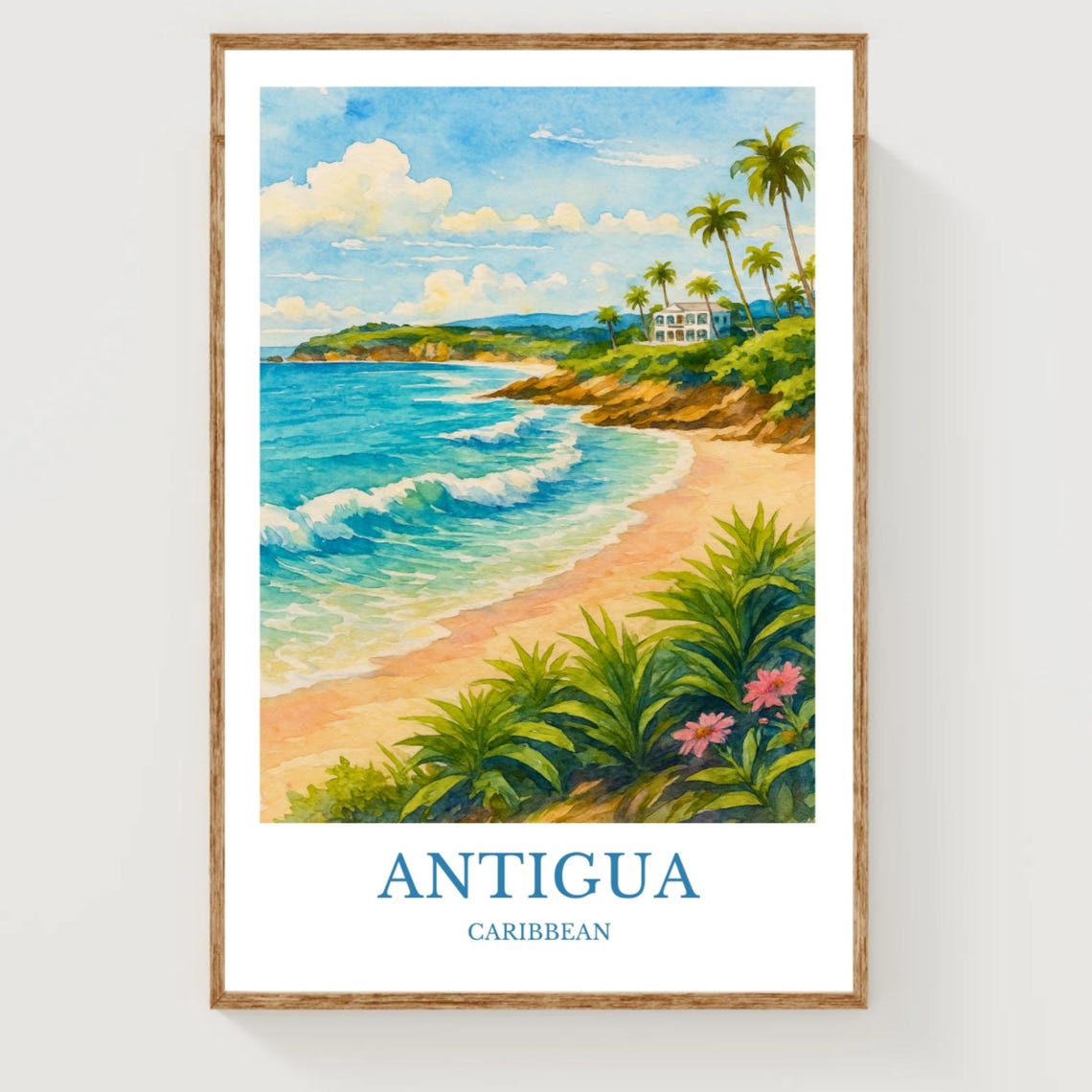 Antigua Caribbean Beach Watercolor Travel Poster Island Decor