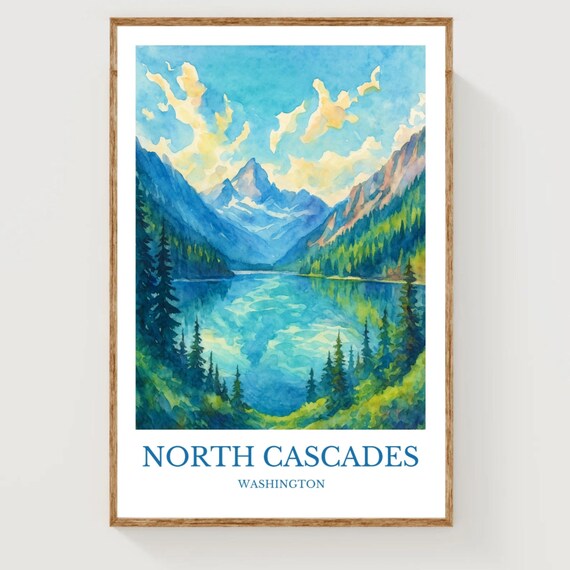 North Cascades Washington Watercolor Travel Poster Mountain Decor