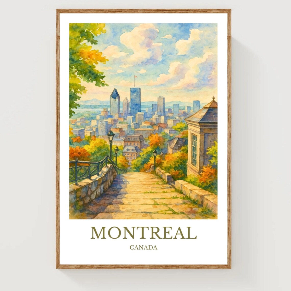 Montreal Canada Skyline Mount Royal Autumn Watercolor Travel Art Poster