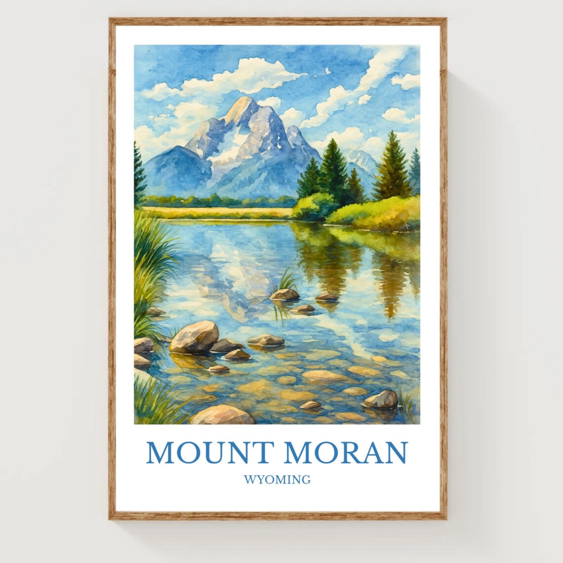 Mount Moran Wyoming Watercolor Travel Poster with Alpine Lake