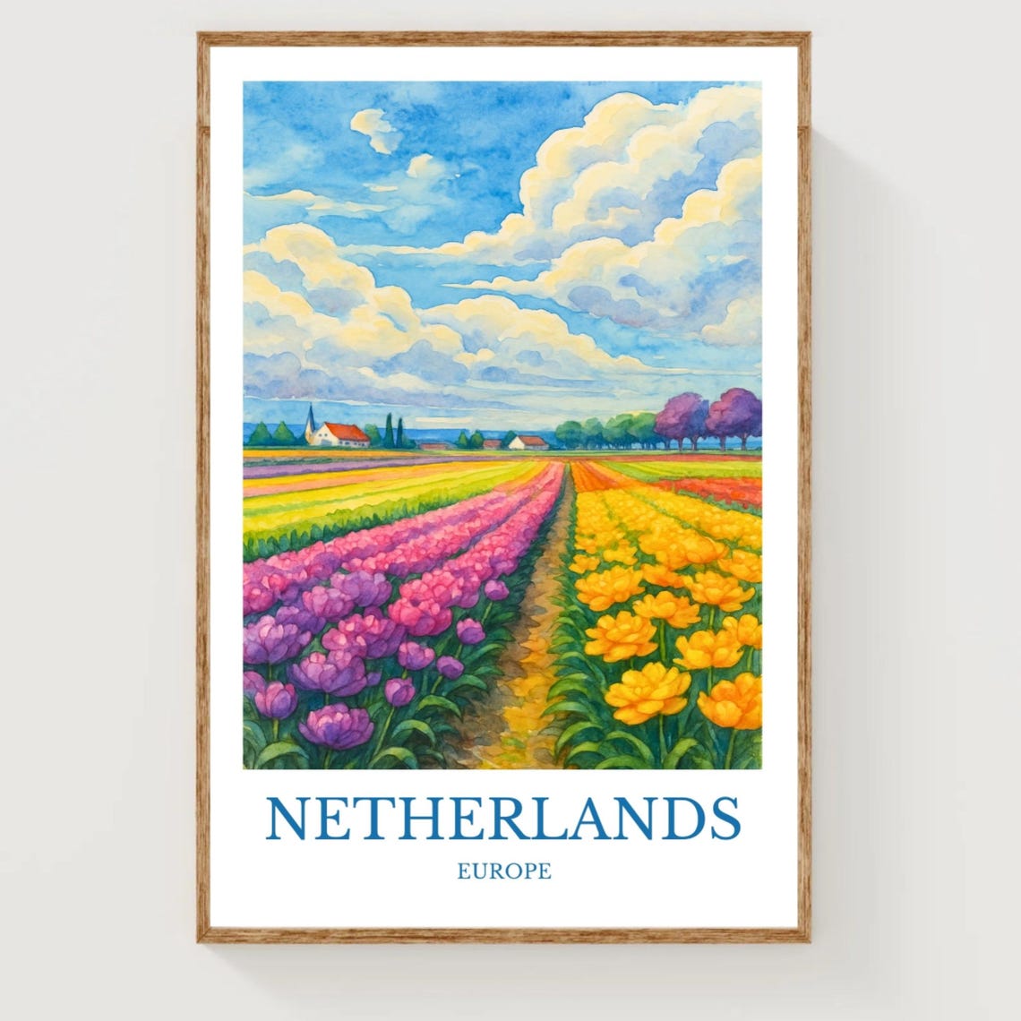 Netherlands Tulip Fields Rainbow Rows Bloom Watercolor Europe Poster