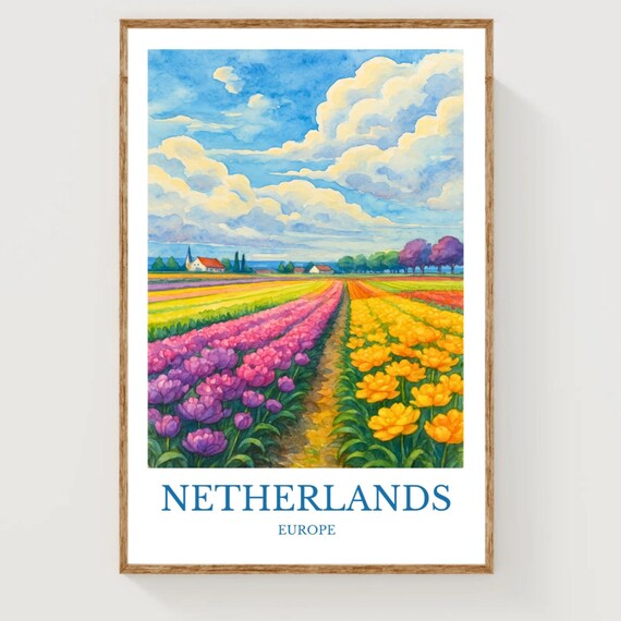 Netherlands Tulip Fields Rainbow Rows Bloom Watercolor Europe Poster