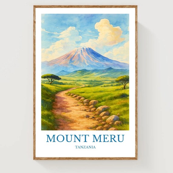 Mount Meru Tanzania Volcano Dirt Path Savannah Watercolor Poster