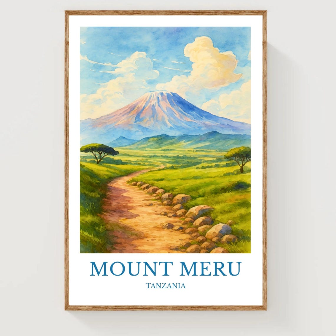 Mount Meru Tanzania Volcano Dirt Path Savannah Watercolor Poster