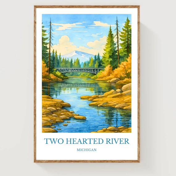Two Hearted River Michigan Autumn Bridge Watercolor Travel Poster
