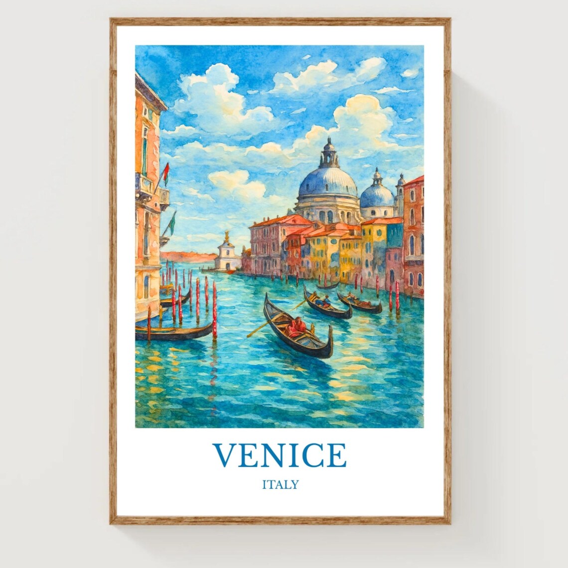 Venice Italy Sunlit Grand Canal Gondolas Watercolor Travel Poster