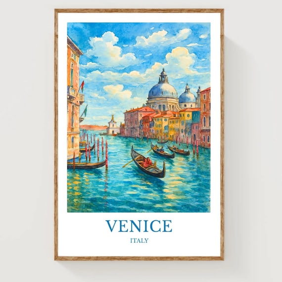 Venice Italy Sunlit Grand Canal Gondolas Watercolor Travel Poster